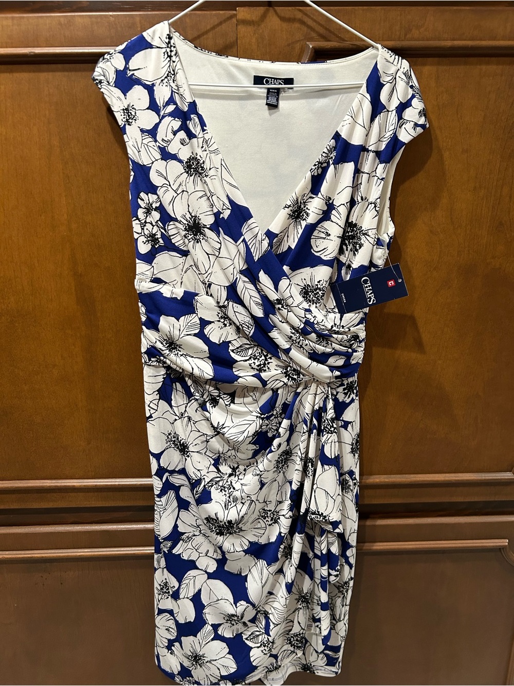Chaps Royal Blue and White Floral Faux-Wrap Dress